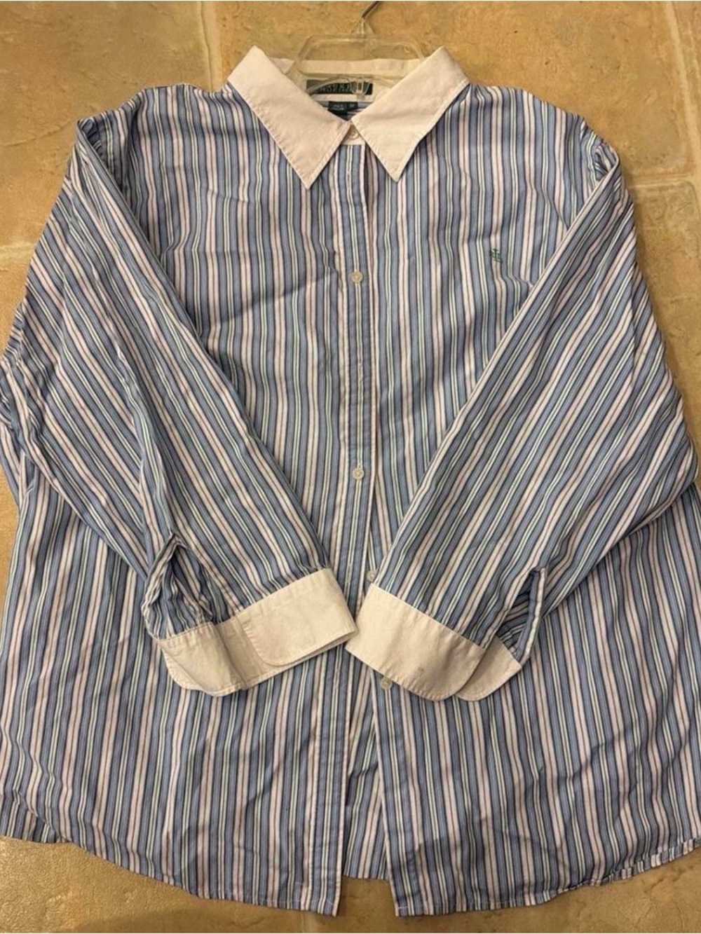 Ralph Lauren Blue and White Striped Dress Shirt with White Collar